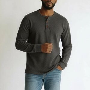 Men’s Henley Top Oversized Charcoal Gray Waffle Thermal Long Sleeve XL